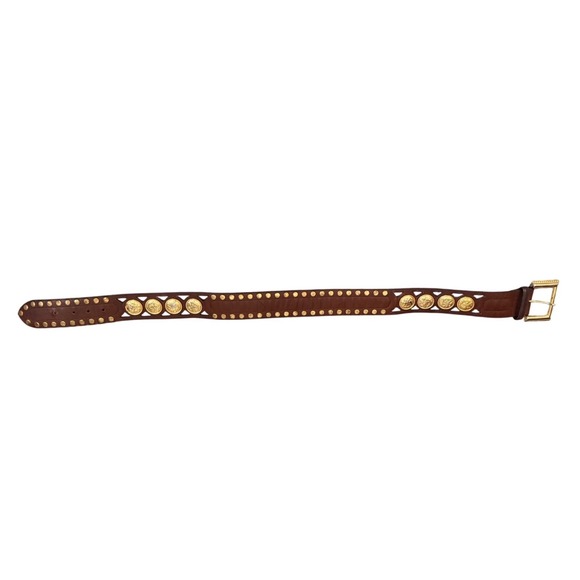 Avignon Brown Leather Belt Gold Lion Medallion Studded Wide Waist Belt 785 M